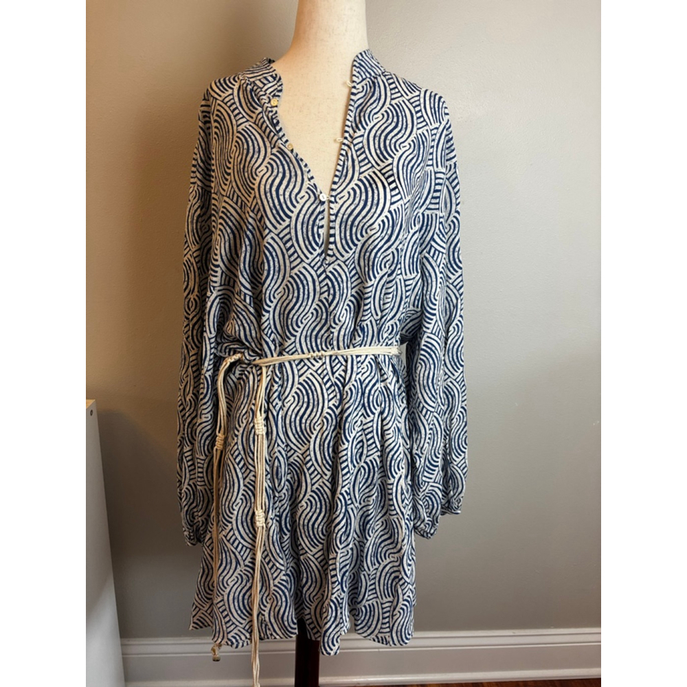 Women's H&M Long Sleeve Dress L Blue White Patterned spring Easter brunch